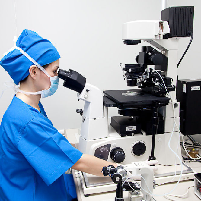 Embryologist working at the inverted microscope
