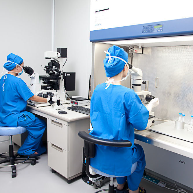 Embryology lab — staff working at sterile flow hood
